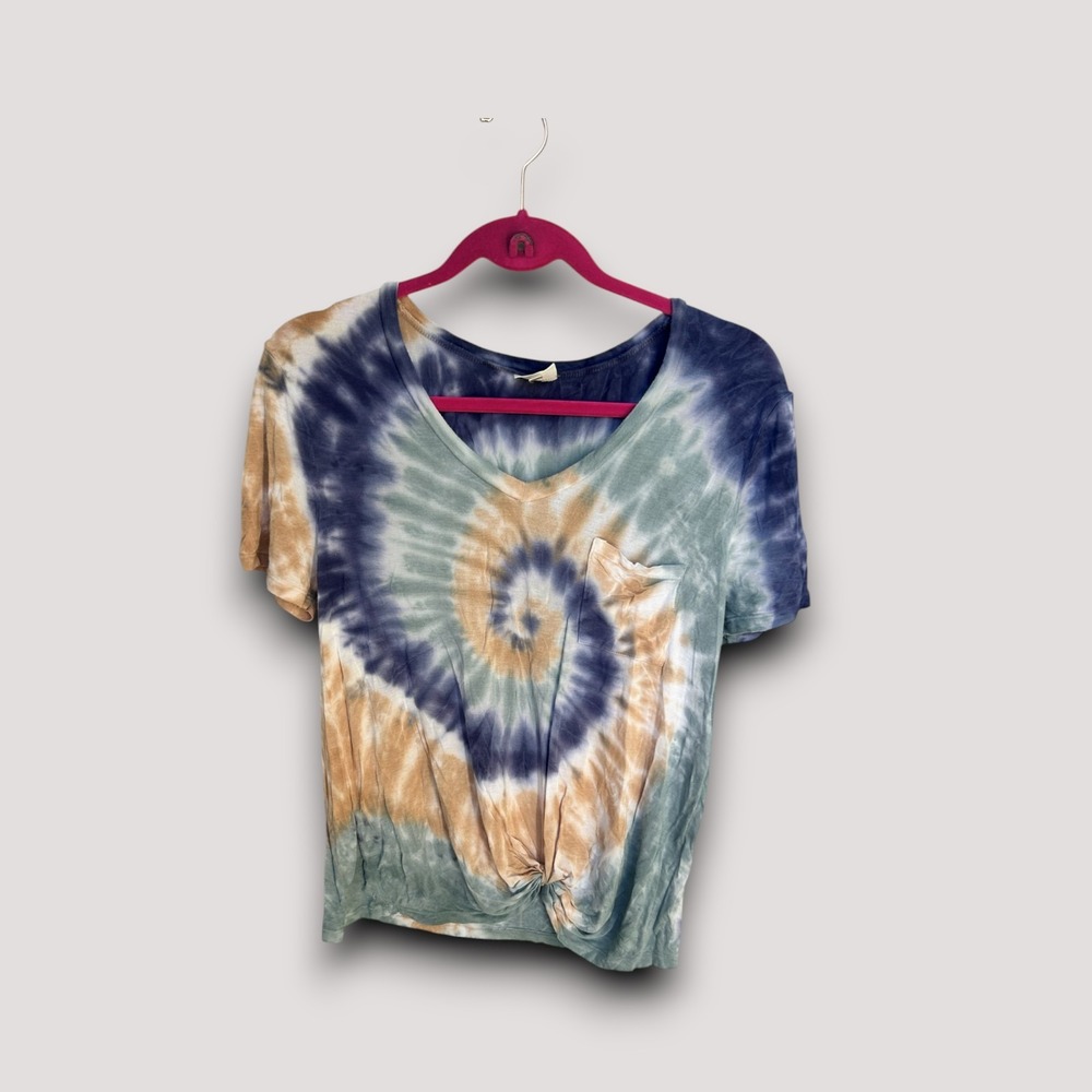 SELFIE T T-Shirt Women L Blue Green Tan Tie Dye Front Knot V-Neck Retro Summer